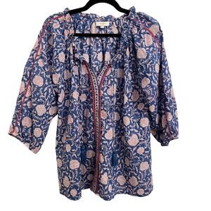 Indigo Desert Block Print Blouse Top Large Blue Floral Metallic Boho‎ Beachy